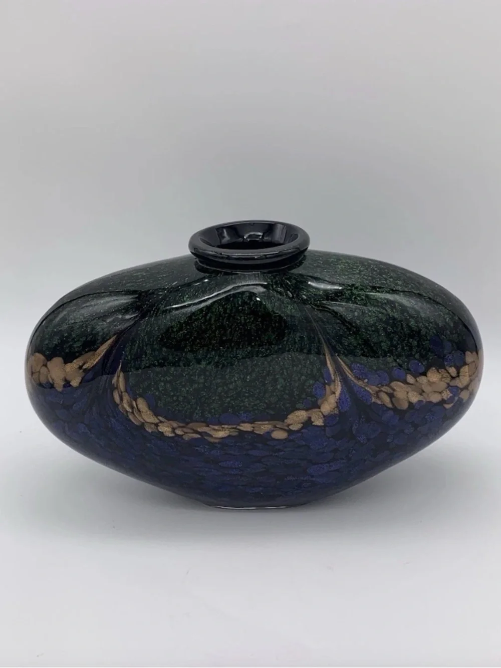 Dale Tiffany Style Heavy Squat Vase Mouth Blown Colorful Peacock Gold Accent